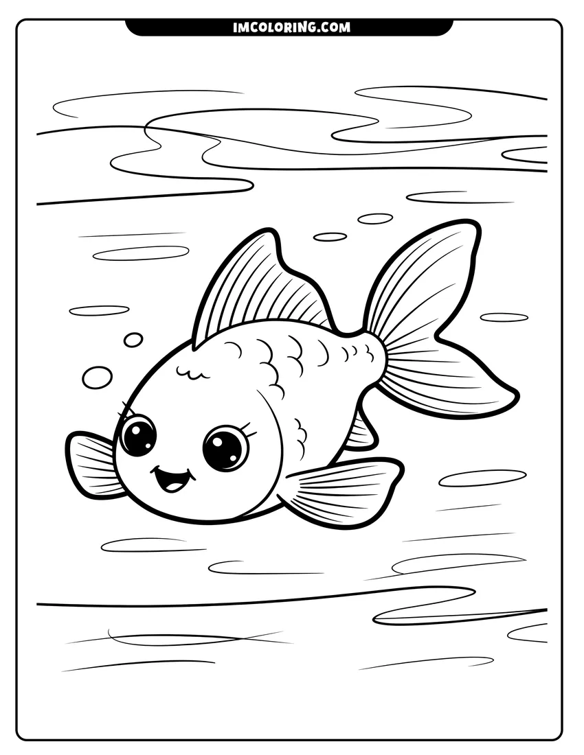 Black and white line art of A cute goldfish with large eyes and a happy smile swimming underwater with bubbles and waves