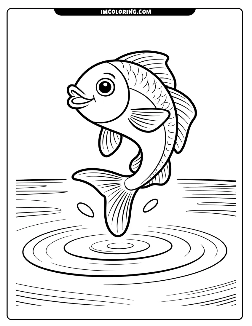 Linear illustration of A smiling cartoon fish leaping out of a pond with ripples and water splashes in the background