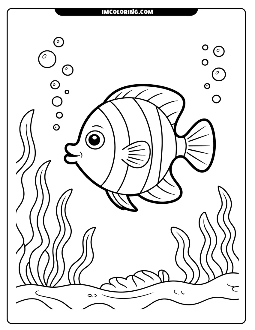 Doodle style coloring picture of A cartoon striped fish swimming near seaweed and bubbles in an underwater ocean scene with thick black outlines