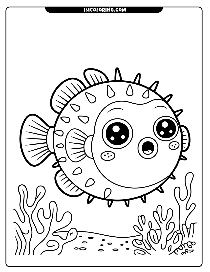 Full page coloring image of A cute round puffer fish with large eyes swimming above coral on the ocean floor