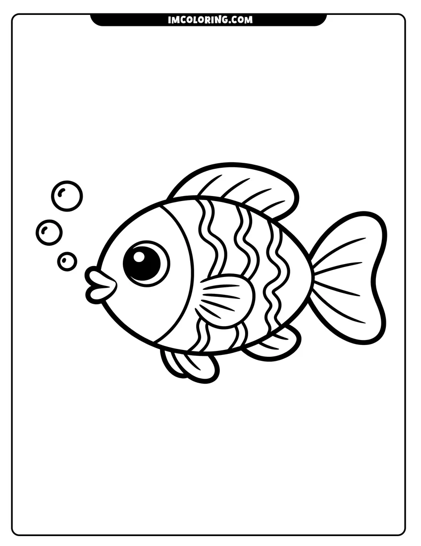 Coloring sheet featuring A cute striped fish blowing small bubbles with a big eye and thick black outlines for children