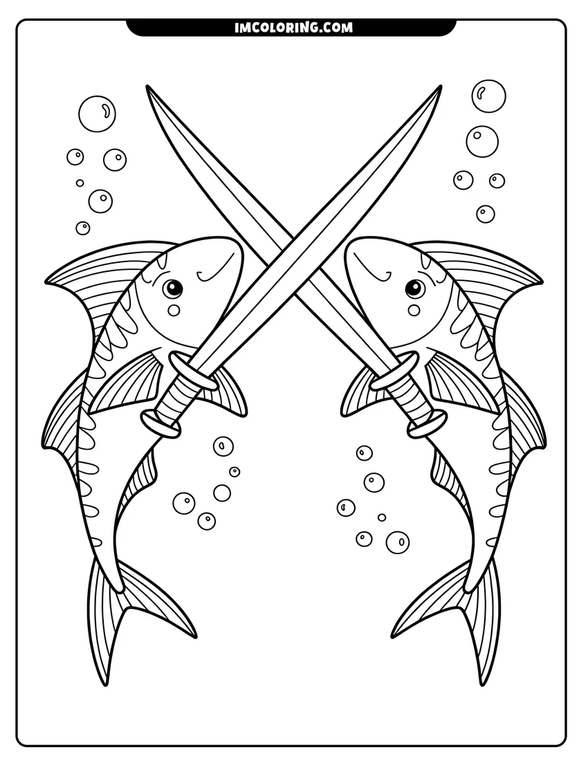 PDF style coloring page: Two cartoon fish holding swords and crossing them while surrounded by bubbles in the deep blue ocean