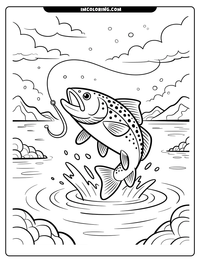 High quality printable A spotted trout jumping out of a lake near a fishing hook with mountains in the background for coloring
