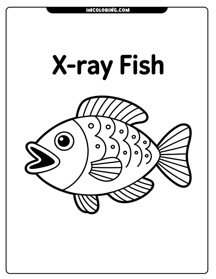 Coloring sheet featuring A cartoon X-ray fish with large eyes and patterned scales swimming toward the left side