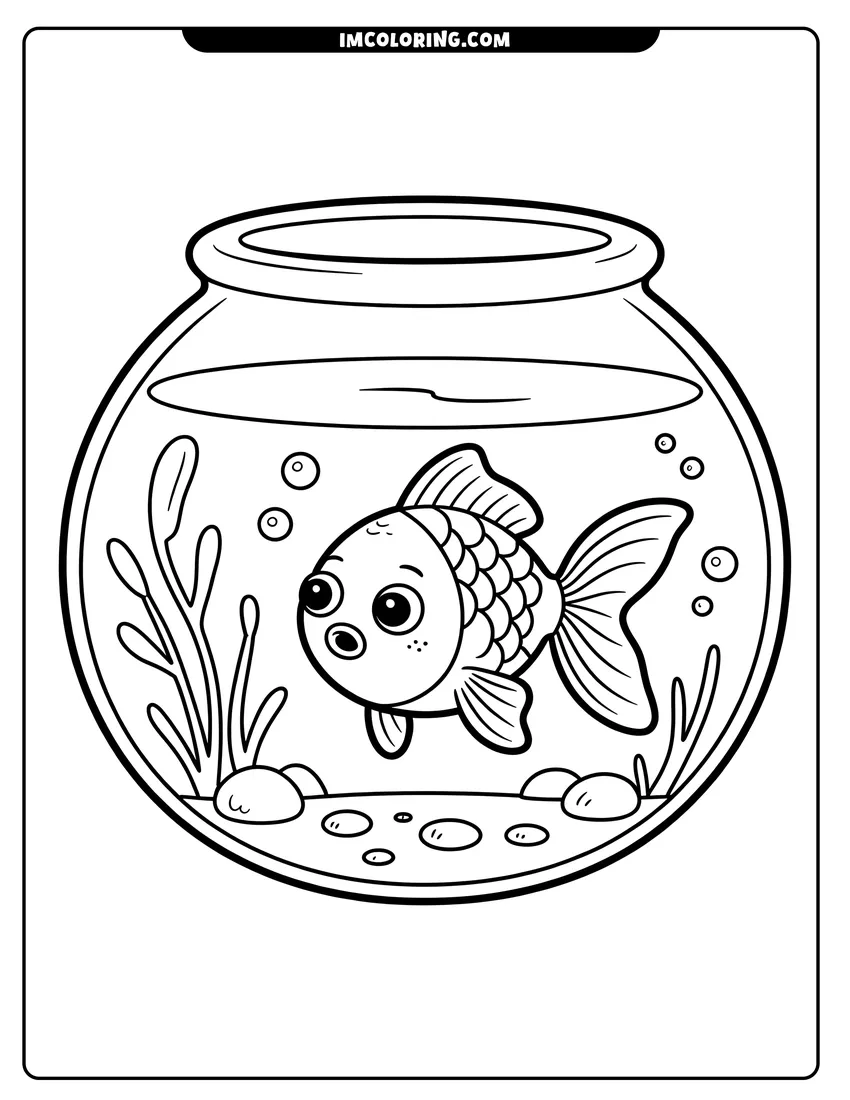 Clean line drawing: A cute cartoon goldfish with big eyes swimming in a glass fishbowl with bubbles and aquatic plants