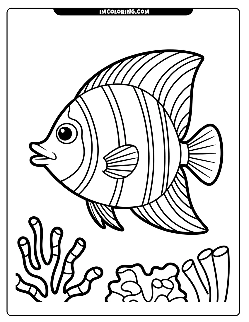 Clean line drawing: A striped tropical fish with large fins swimming above coral and sea plants on the ocean floor