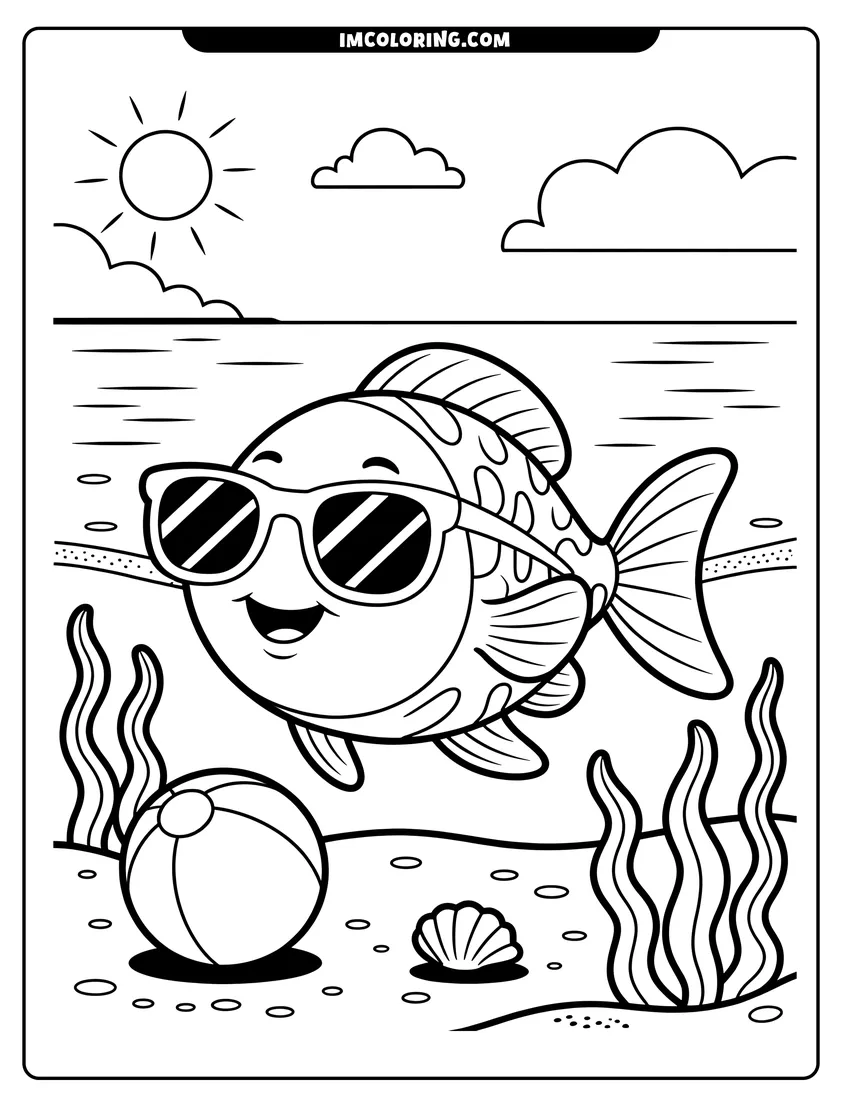 Clean line drawing: A cute cartoon fish wearing sunglasses swims near a beach ball and seaweed under a bright sun