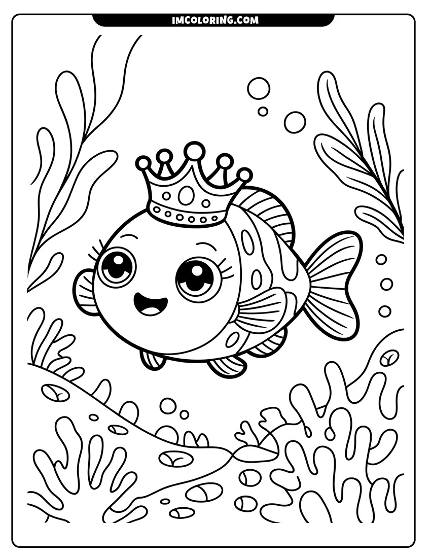 Printable coloring page of A cute cartoon fish wearing a crown swimming above coral and bubbles in the ocean