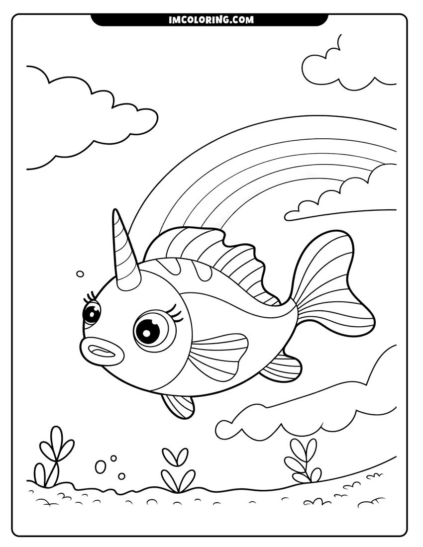 Simple sketch of A cute unicorn fish swimming under a large rainbow with clouds and underwater plants in the background to color