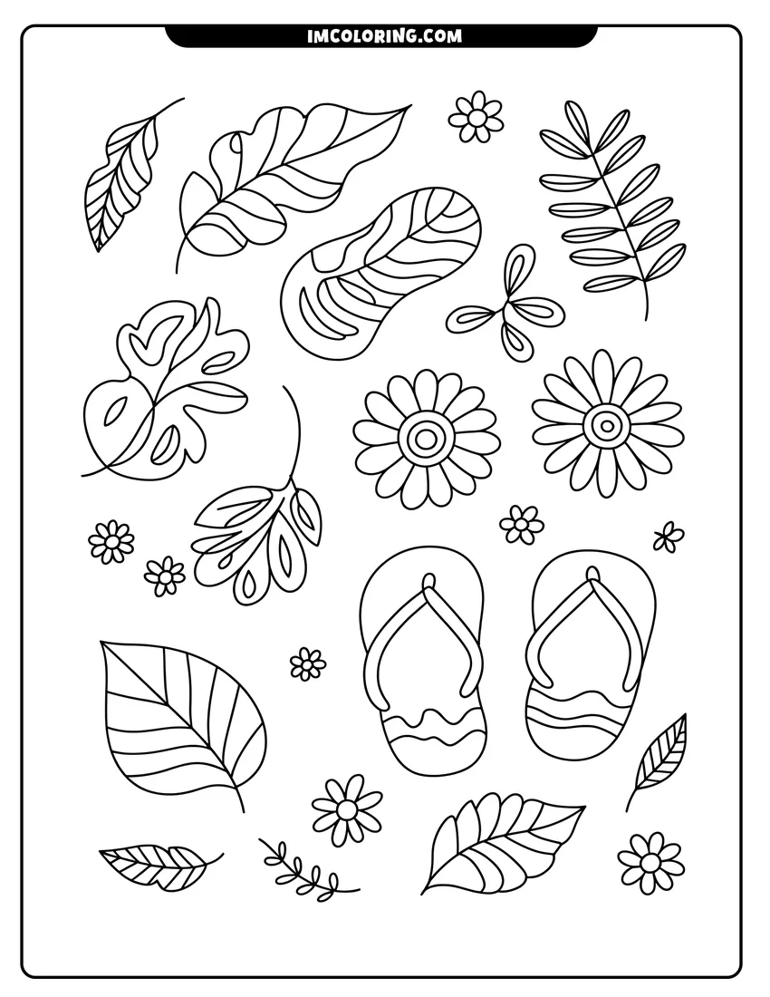 Coloring page for kids: A pair of patterned flip-flops surrounded by various tropical leaves and blooming summer flowers in line art