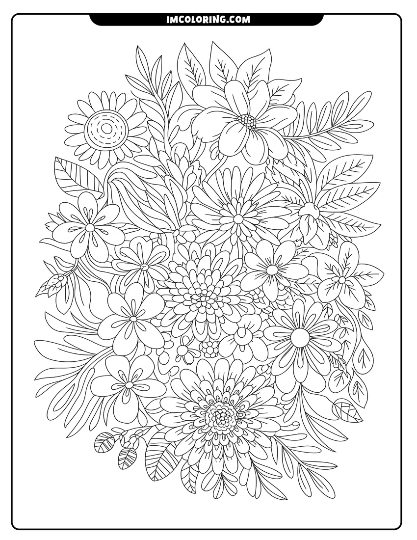 Doodle style coloring picture of A dense bouquet of various blooming flowers and leaves in a detailed black and white line art drawing
