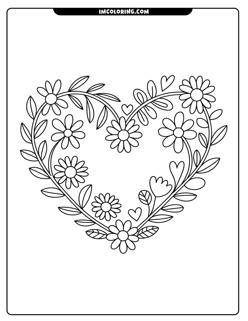 Simple sketch of A black and white outline of daisies and leaves arranged in the shape of a large heart to color