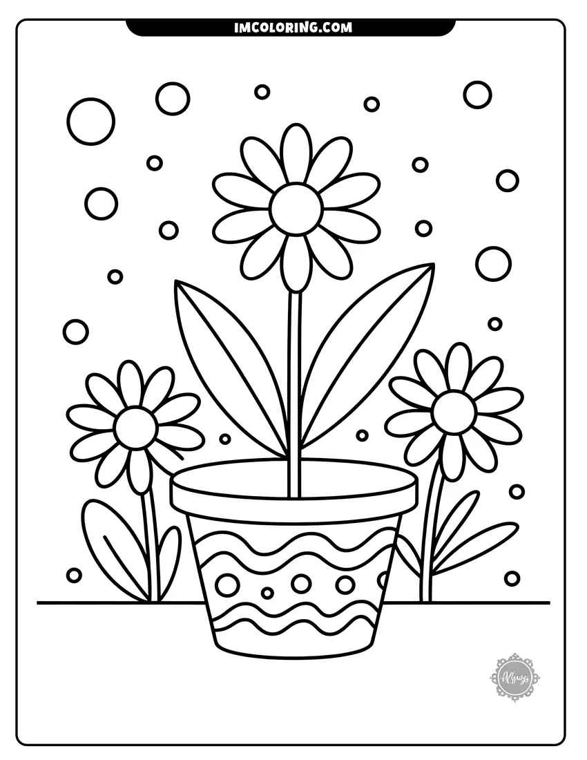 Vector style outline of Three smiling flowers grow inside a decorative flowerpot with bubbles and dots floating in the background air