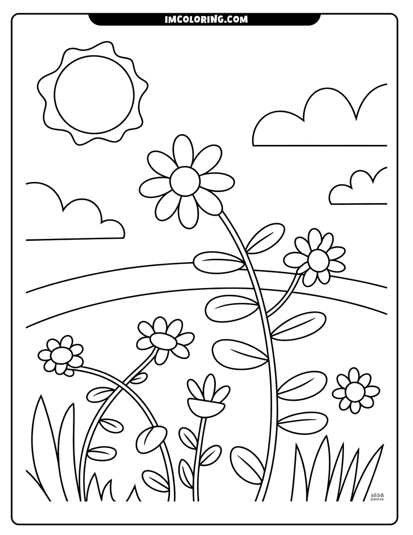 Vector style outline of A garden of simple flowers growing in a meadow under a bright sun and fluffy clouds