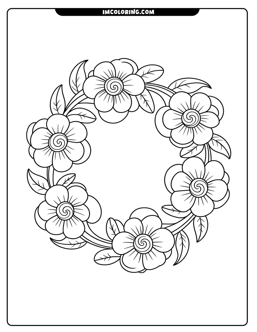 Outline drawing of A circular wreath made of several blooming flowers and small leaves with clean black outlines for kids