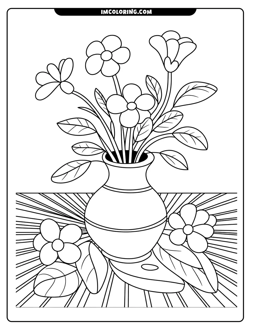 Printable line art of A simple bouquet of spring flowers sitting in a round vase on a wooden table with sunbeams