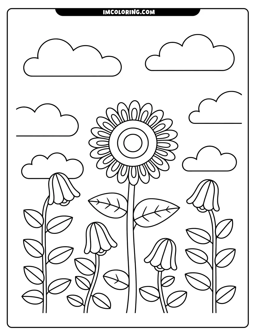 Linear illustration of A tall sunflower and several bell flowers growing in a garden under fluffy clouds in the sky