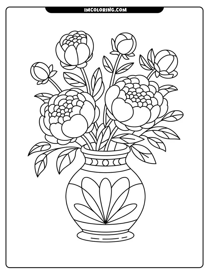 Downloadable coloring page of A simple line drawing of a bouquet of blooming flowers arranged in a decorative round vase