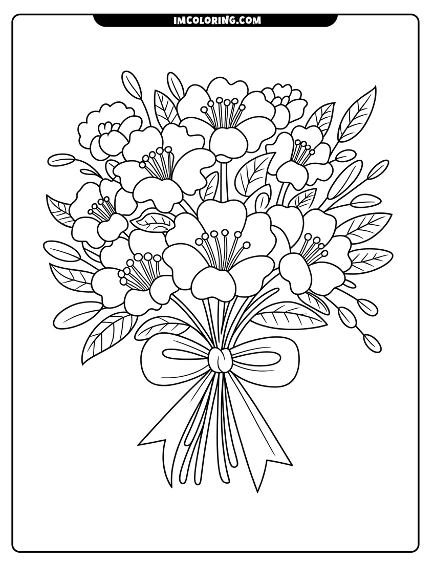 Coloring page of A black and white line drawing of a flower bouquet tied with a ribbon and bow