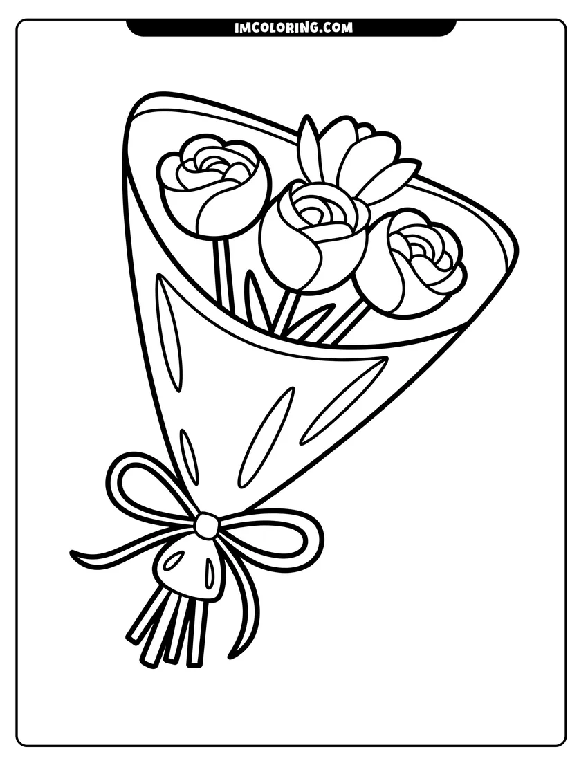 Coloring page of A bouquet of three roses wrapped in paper with a ribbon bow tied at the bottom