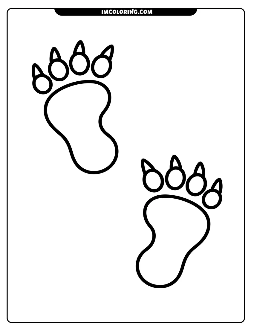 Coloring page of Two large dinosaur footprints with sharp claws in a simple black and white line art style