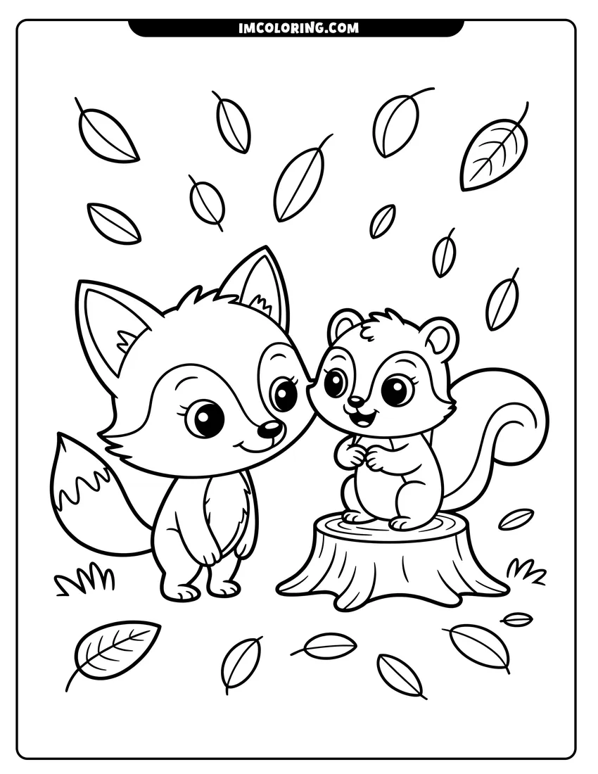 PDF style coloring page: A cute baby fox looking at a squirrel sitting on a tree stump with leaves falling around