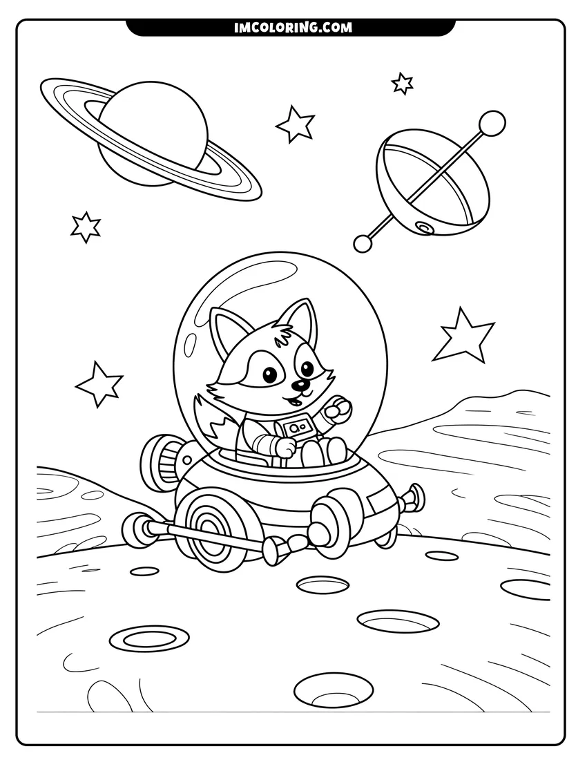 Clean line drawing: A cute fox astronaut driving a space rover on the moon with Saturn and stars in space