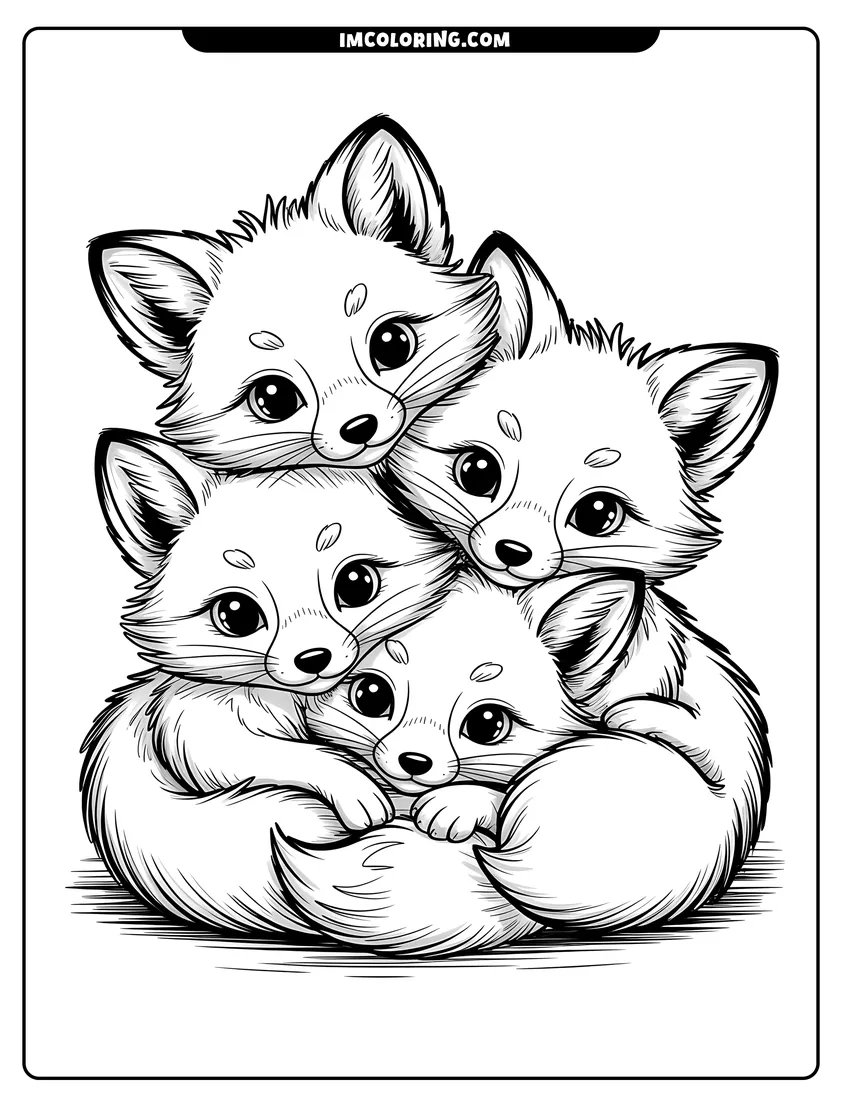 Coloring page for kids: Four adorable baby foxes with large eyes huddle together in a cozy pile of soft fur