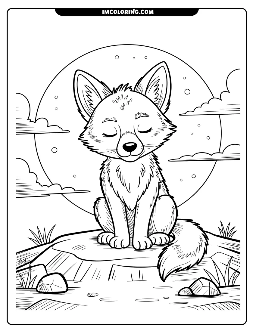 Clean line drawing: Cute cartoon fox sitting peacefully on a rock under a bright full moon and starry night sky