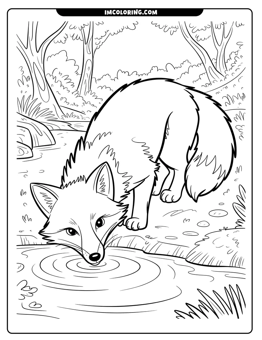 Simple sketch of A fluffy fox leaning down to drink water from a pond in a leafy forest setting to color