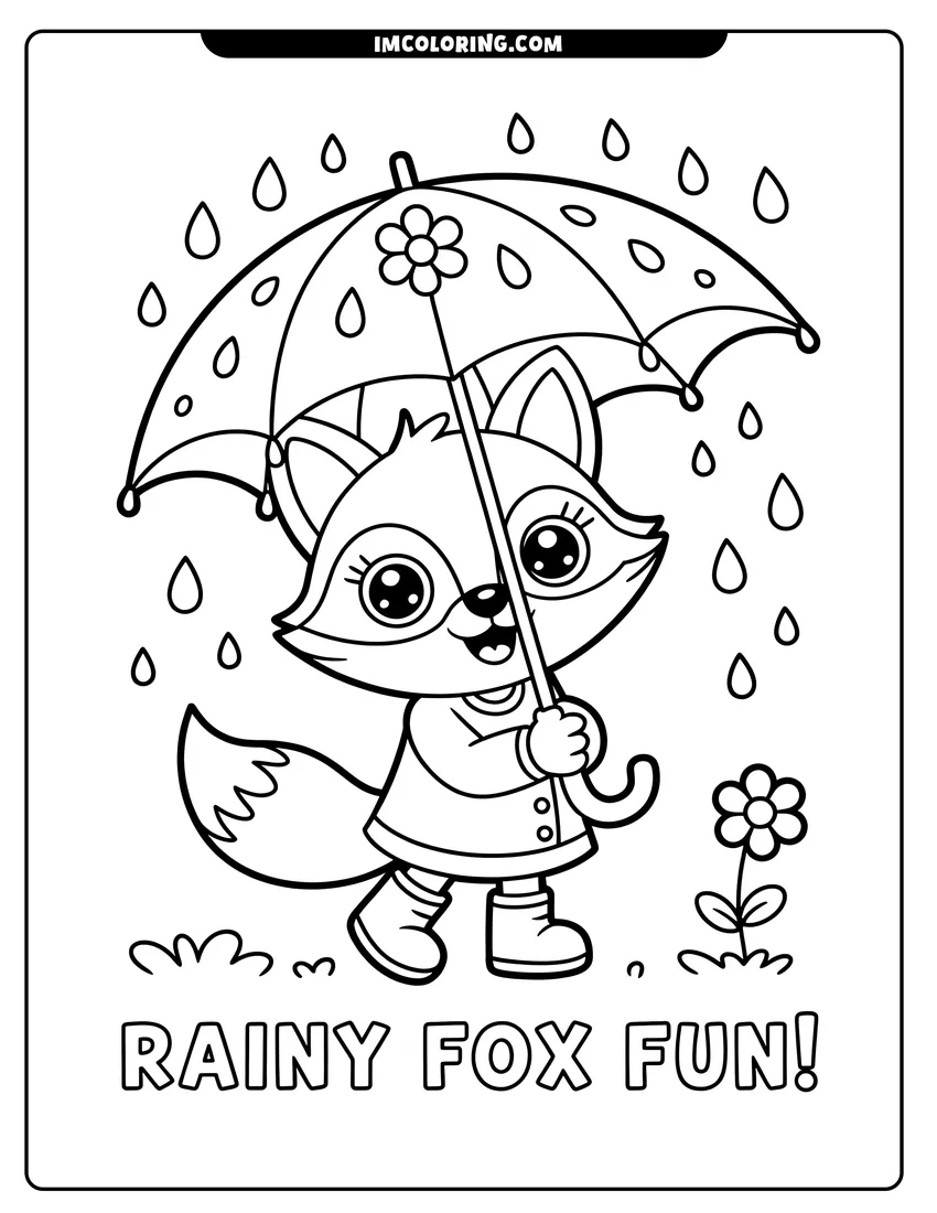 Black and white line art of A cute cartoon fox wearing boots and holding a decorated umbrella while walking through falling raindrops