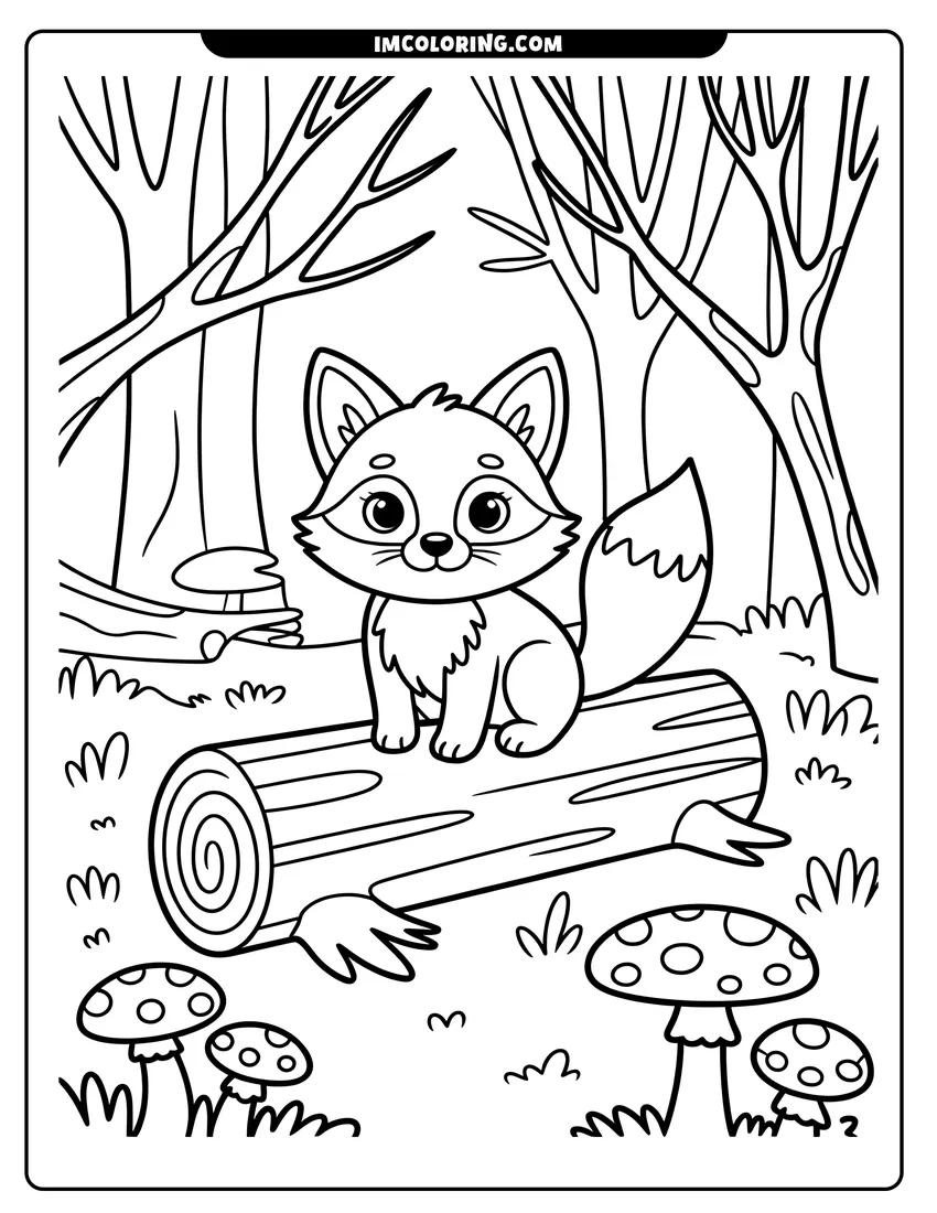 Downloadable coloring page of A cute baby fox sitting on a fallen log in a forest with mushrooms and trees