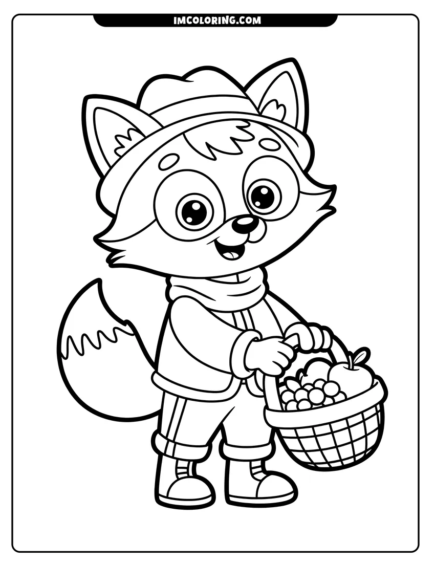 Full page coloring image of A cartoon fox wearing a hat and scarf holding a basket filled with apples and grapes