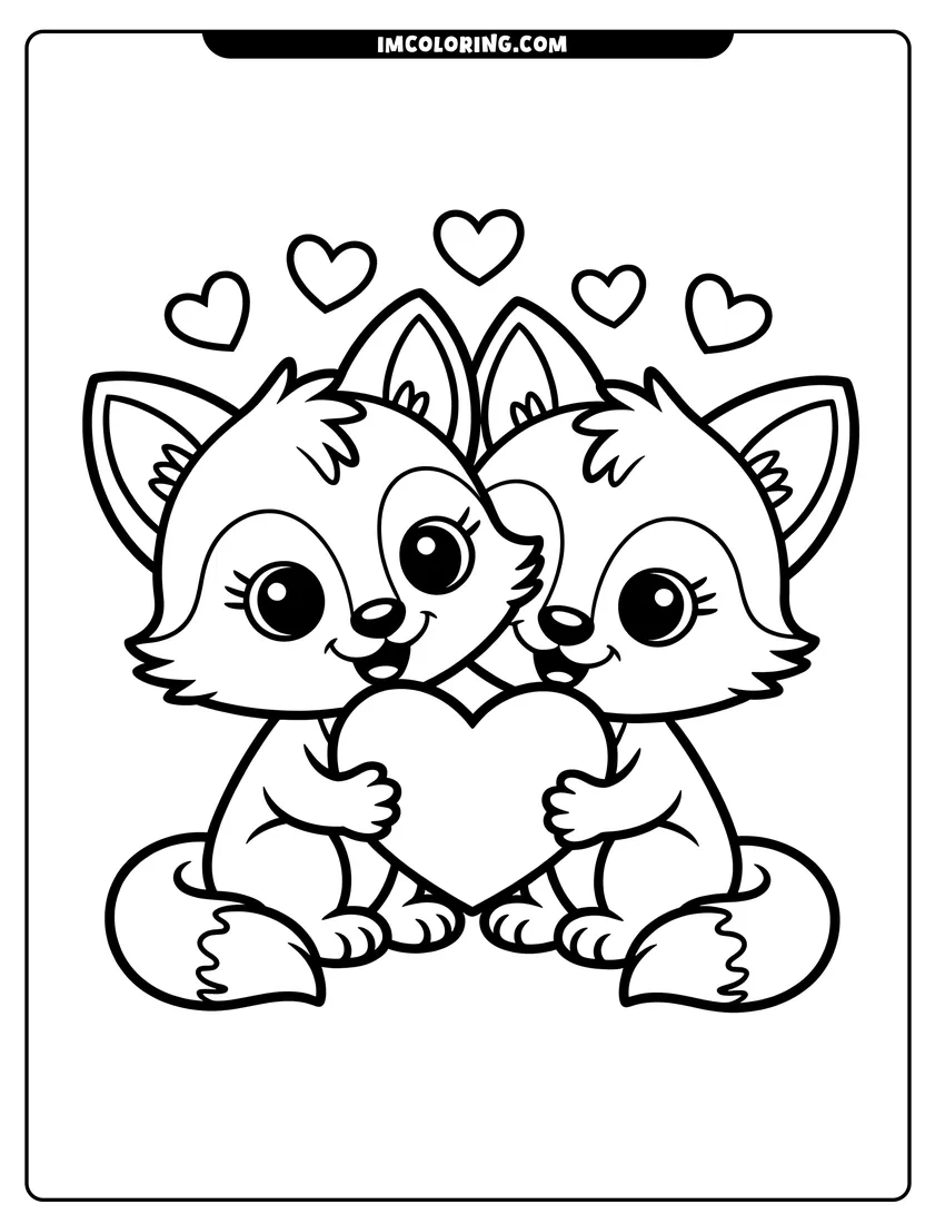 Black and white line art of Two cute baby foxes sitting together and holding a large heart with small hearts floating above their heads