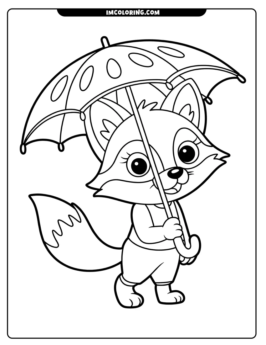 Full page coloring image of A cute fox character holding a large umbrella with a polka dot pattern over its head