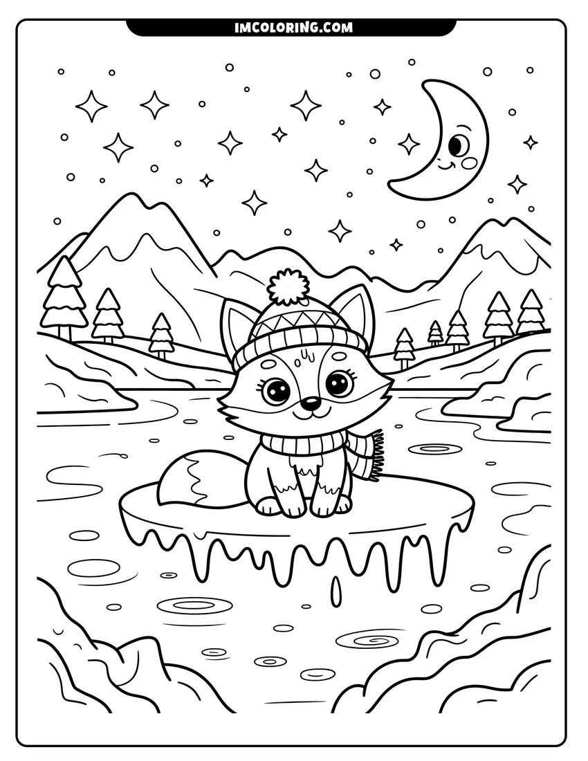 Linear illustration of A cute fox wearing a winter hat and scarf sitting on an ice floe under a crescent moon