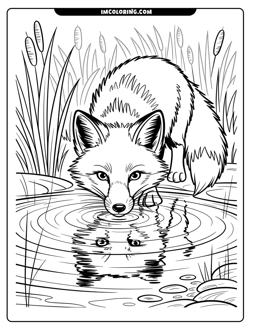 Simple sketch of A detailed line drawing of a fox drinking from a pond with a clear reflection in the water to color
