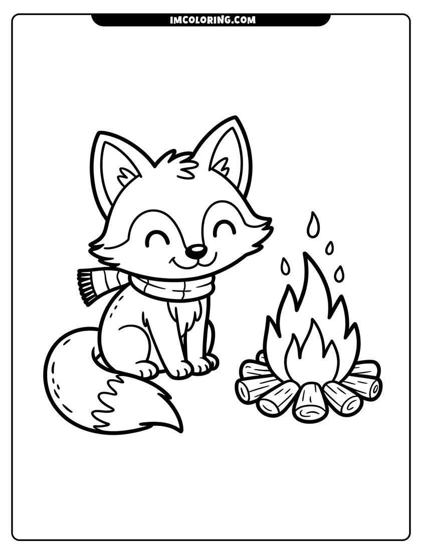 Simple sketch of A smiling cartoon fox wearing a scarf sitting next to a campfire with logs and small flames to color
