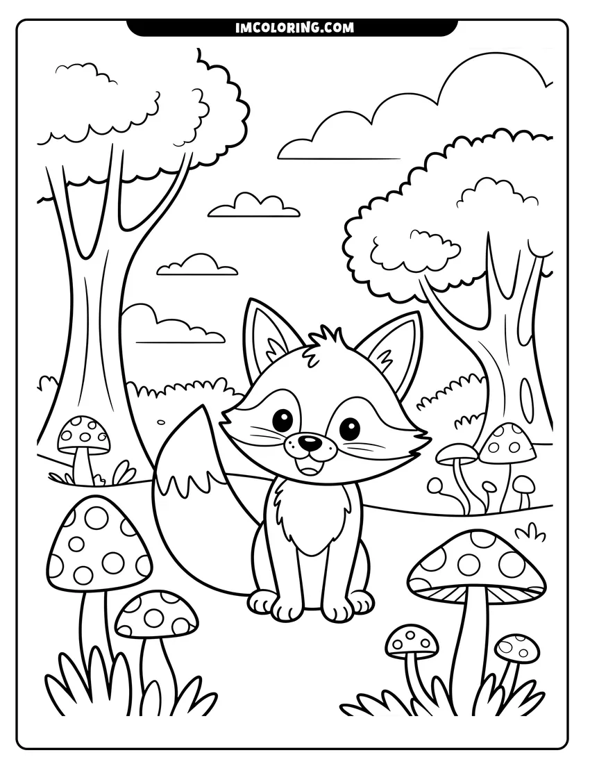 PDF style coloring page: A smiling cartoon fox sits in a forest clearing surrounded by spotted mushrooms and leafy trees