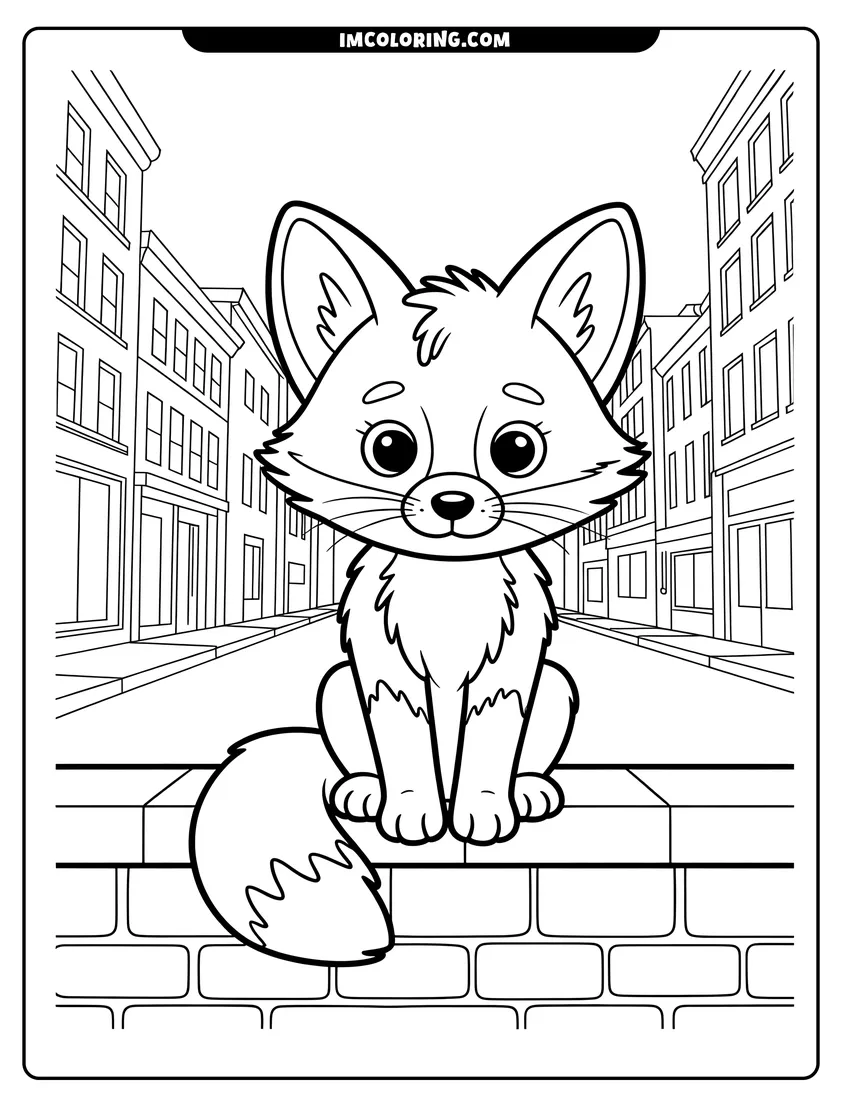 Printable line art of A cute cartoon fox with big eyes sitting on a brick wall in a city street