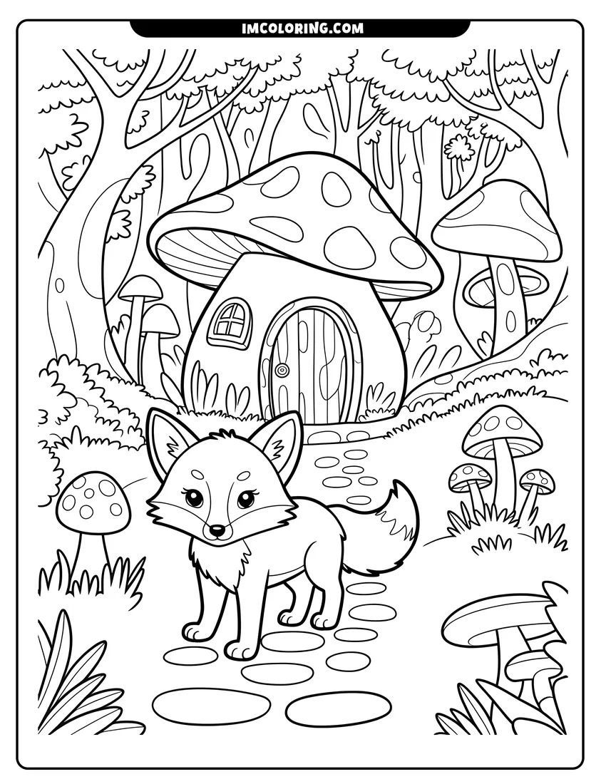 Coloring sheet featuring A cute fox stands on a stone path in front of a large mushroom house in the woods