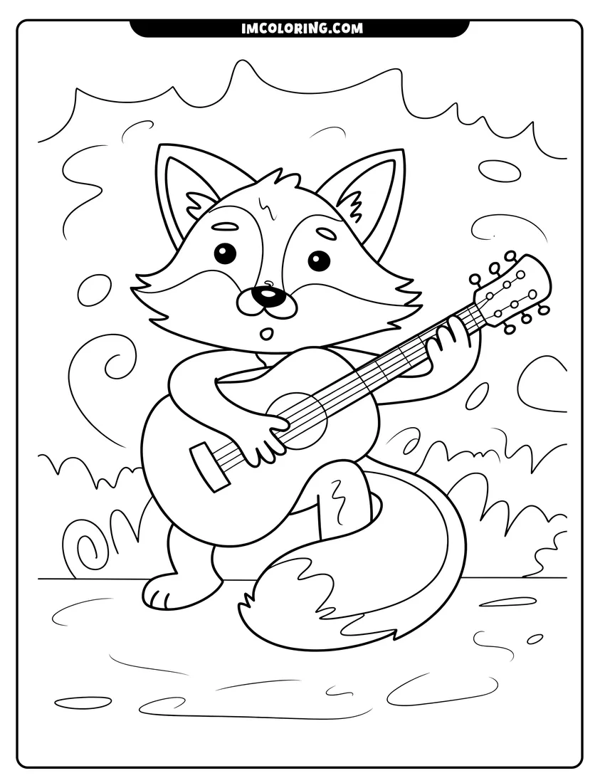 High quality printable A cartoon fox standing on two legs and playing an acoustic guitar in an outdoor setting for coloring