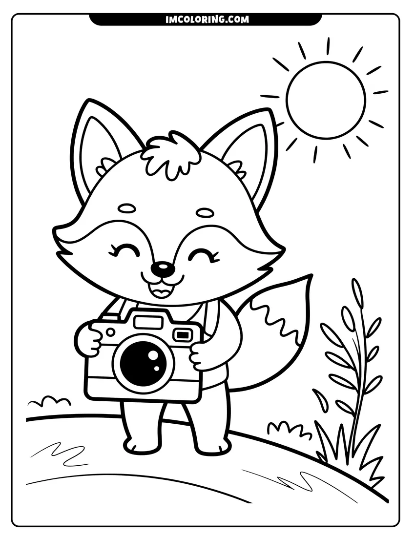 Vector style outline of A cute cartoon fox holding a camera and smiling under a bright sun in a grassy field