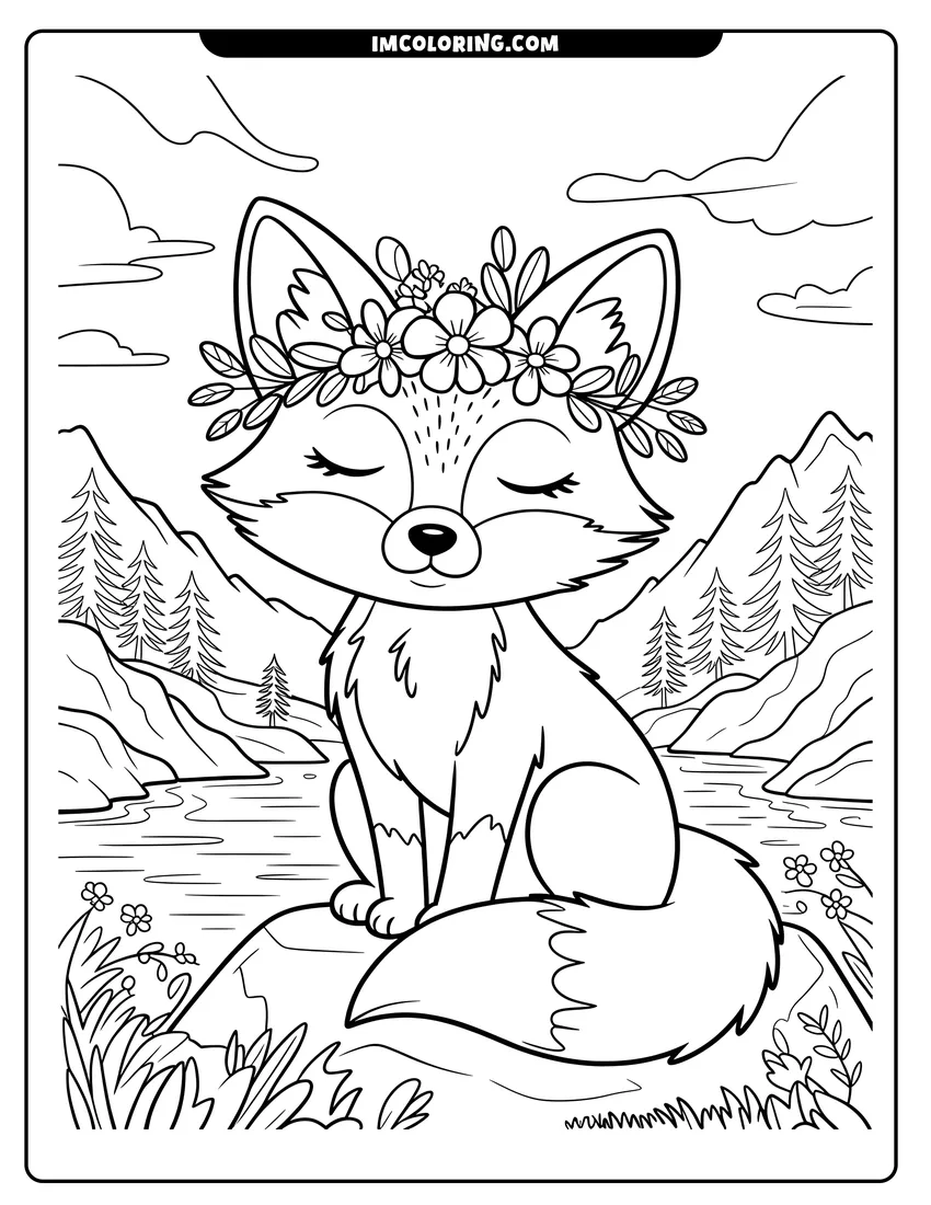 Coloring page for kids: A cute fox wearing a flower crown sits peacefully by a river with mountains in the background