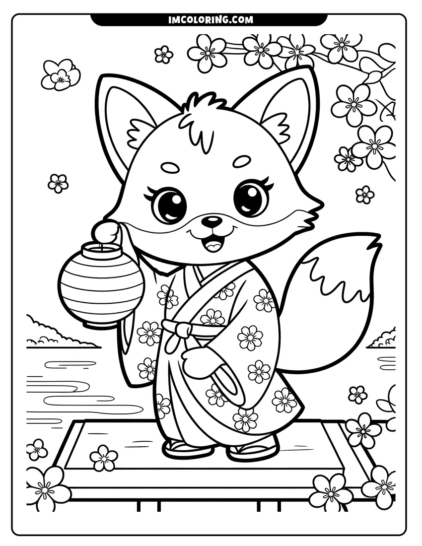 Coloring sheet featuring A cartoon fox wearing a floral kimono and holding a paper lantern under cherry blossom branches