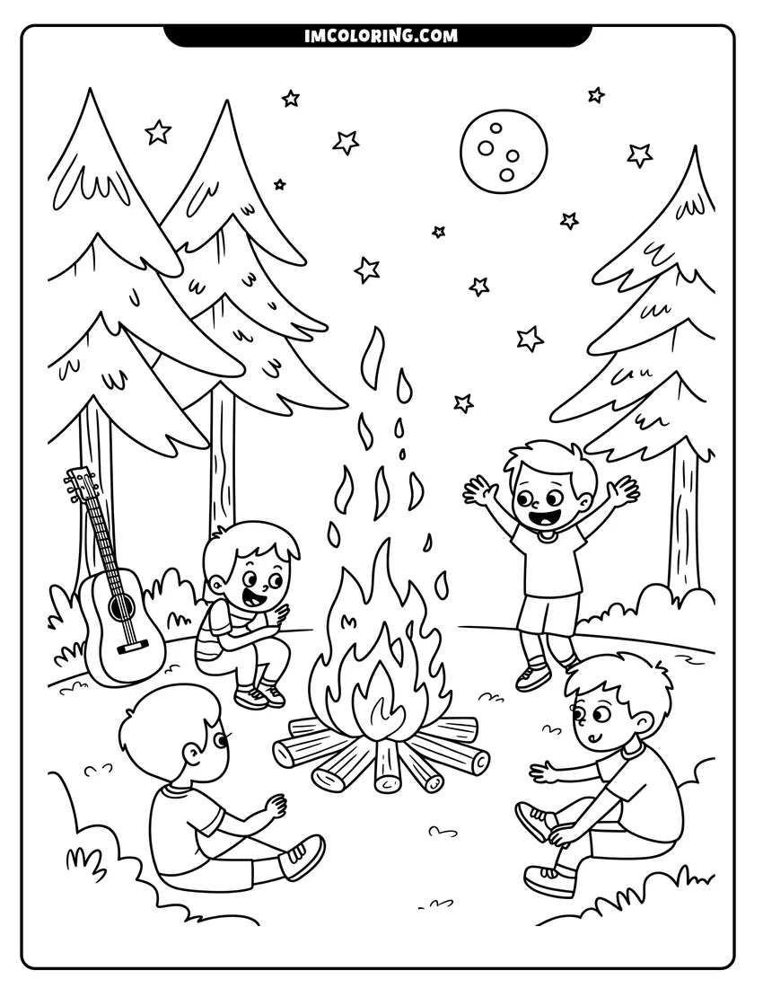 Free printable coloring sheet of Four happy boys sit around a large campfire in the forest under a starry night sky with moon