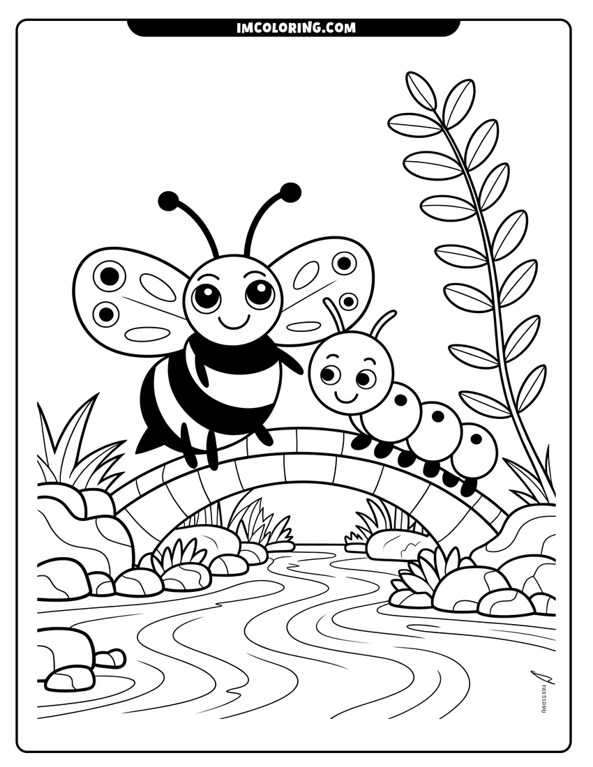 Outline drawing of A cute cartoon bee and caterpillar walk across a stone bridge over a flowing river in a garden