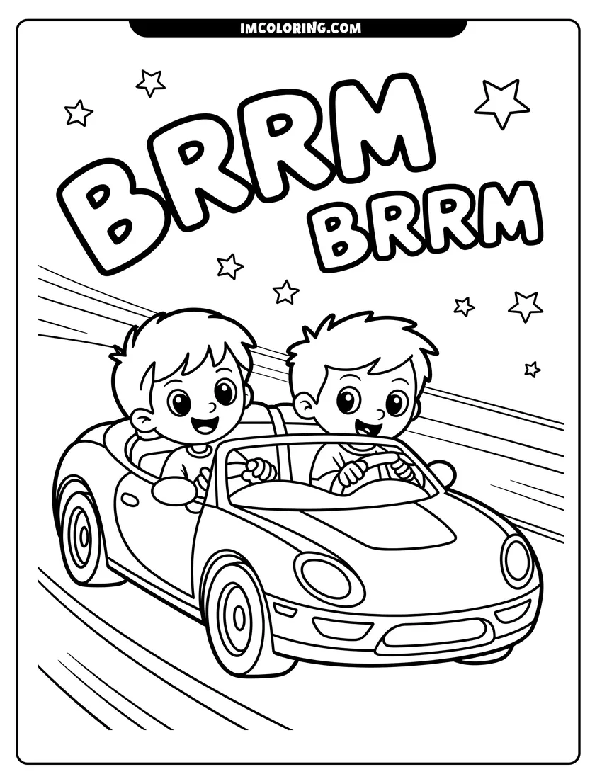 Linear illustration of Two happy boys driving a convertible sports car quickly down a road with stars and speed lines