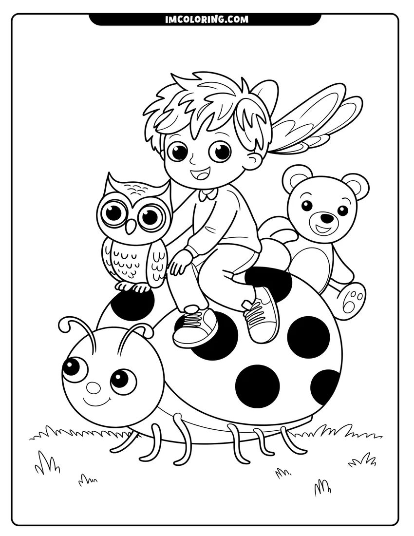 Free printable coloring sheet of A boy, an owl, and a teddy bear ride on the back of a large smiling ladybug