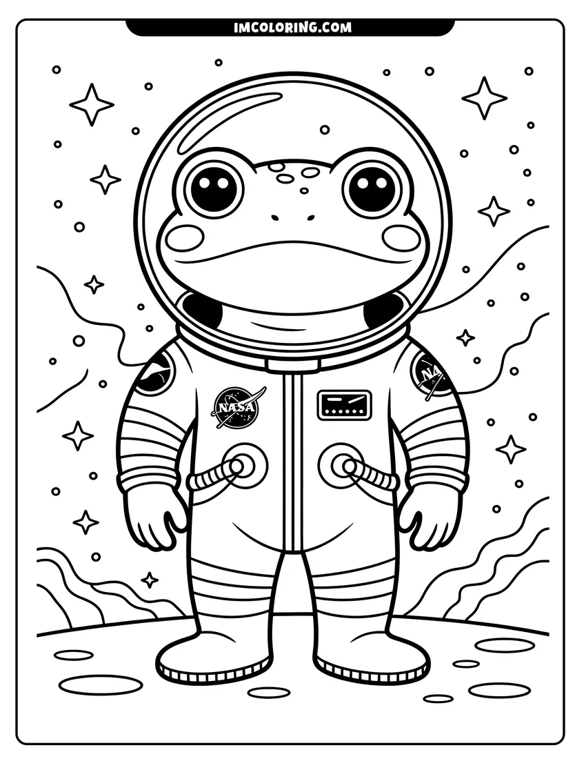 Simple sketch of A cute frog wearing a NASA astronaut suit standing on the moon surrounded by stars and planets to color